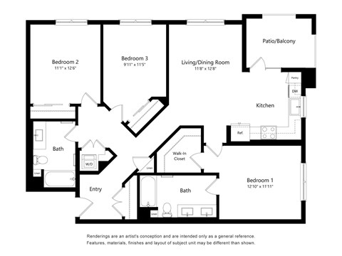 Floor plan for 3 beds, 2 baths, 1293 sqft
